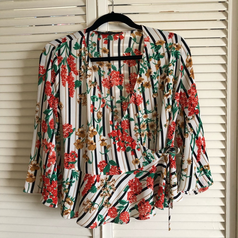 Floral Wrap Blouse - Red and Green